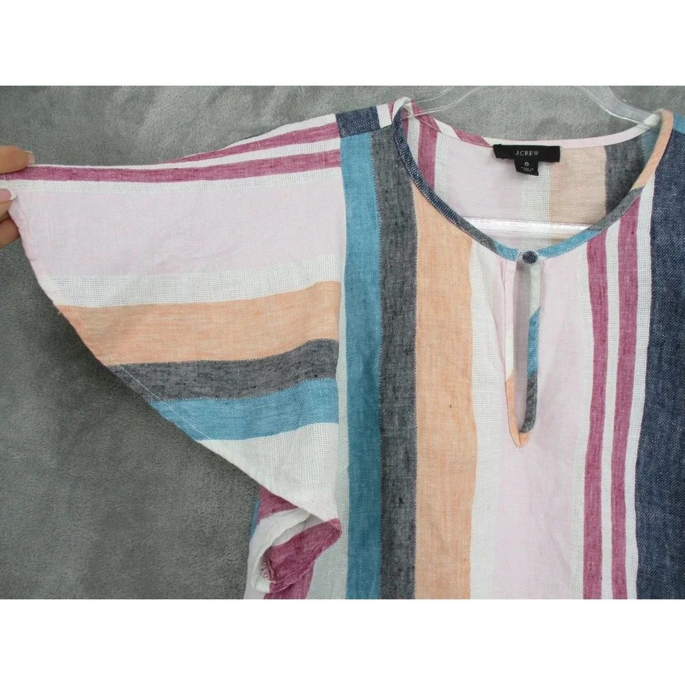 J Crew Shirt Womens 6 Linen Striped‎ Flutter Sleeve Ruffle Button Boho Coastal